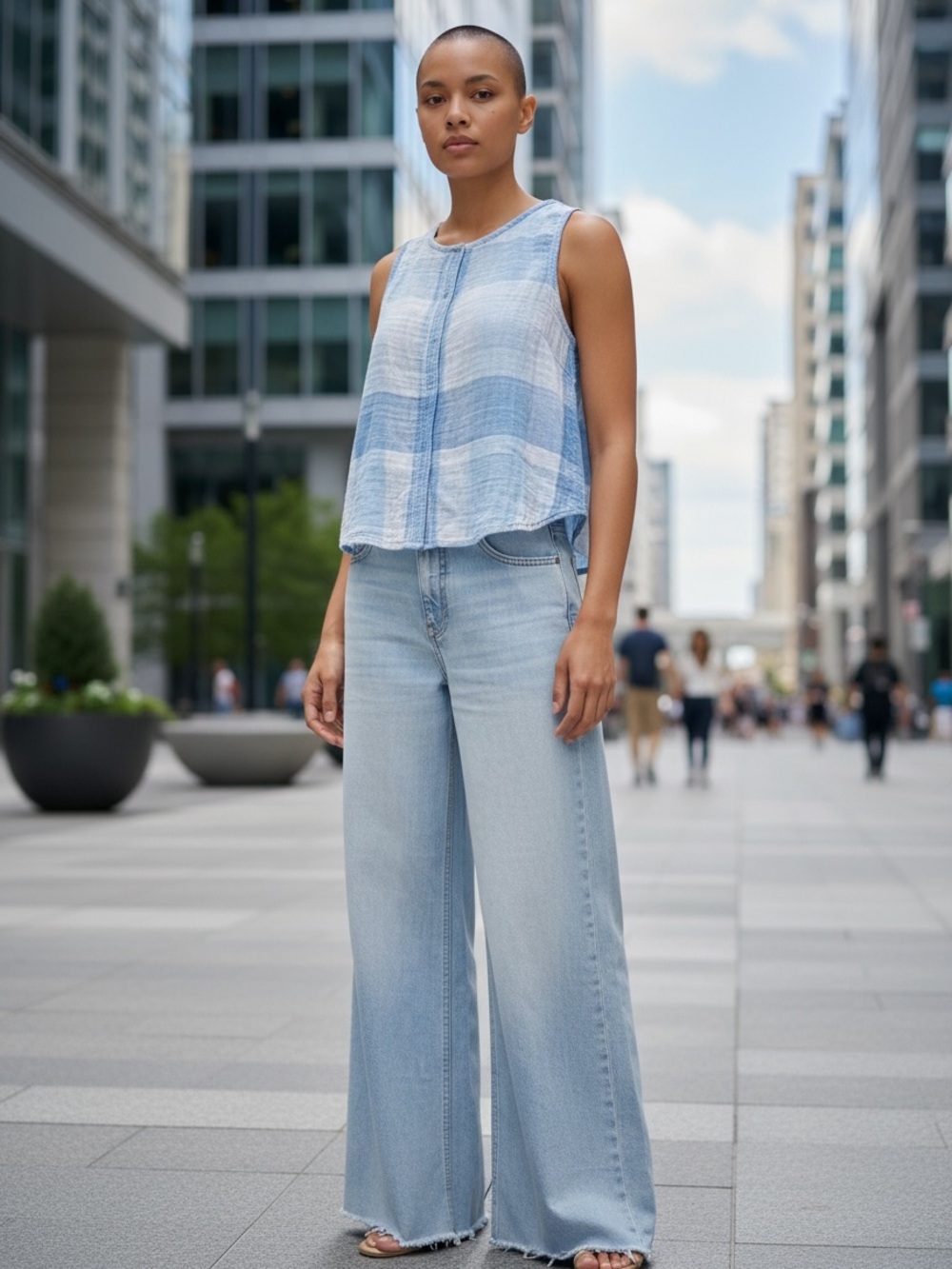 Light Blue & White Striped Sleeveless Linen-Blend Top - Picture 4 of 7